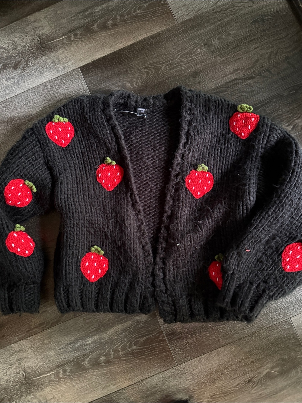 Forever 21 Black Chunky Knit Cardigan with Red Strawberry Appliqués